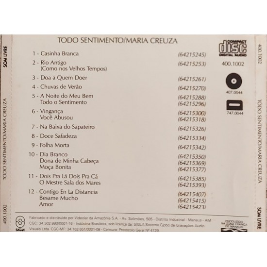 Cd Maria Creuza, Todo Sentimento, 1995