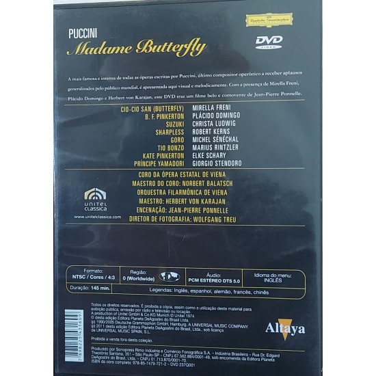 Dvd Puccini, Madame Butterfly, Freni, Domingo, Ludwig, Wiener Philharmoniker, Herbert Von Karajan Dvd Puccini, Madame Butterfly, Freni, Domingo, Ludwig, Wiener Philharmoniker, Herbert Von Karajan