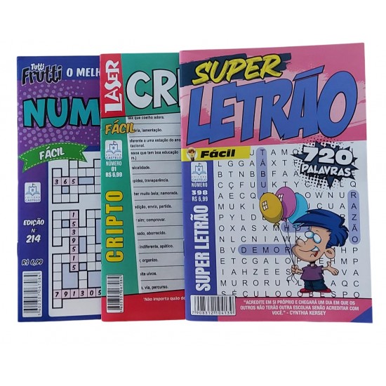 Kit 3 Caça Palavras, 1 Numerix + 1 Super Letrão + 1 Cripto Kit 3 Caça Palavras, 1 Numerix + 1 Super Letrão + 1 Cripto