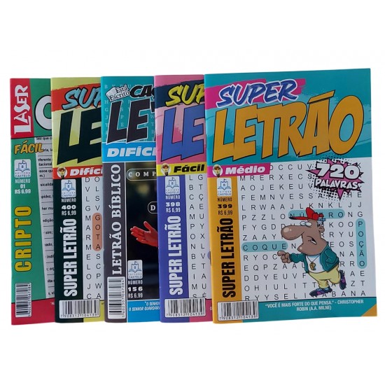 Kit com 5 Caça Palavras , Passatempos Super Letrão, Caça Letrão, Cripto